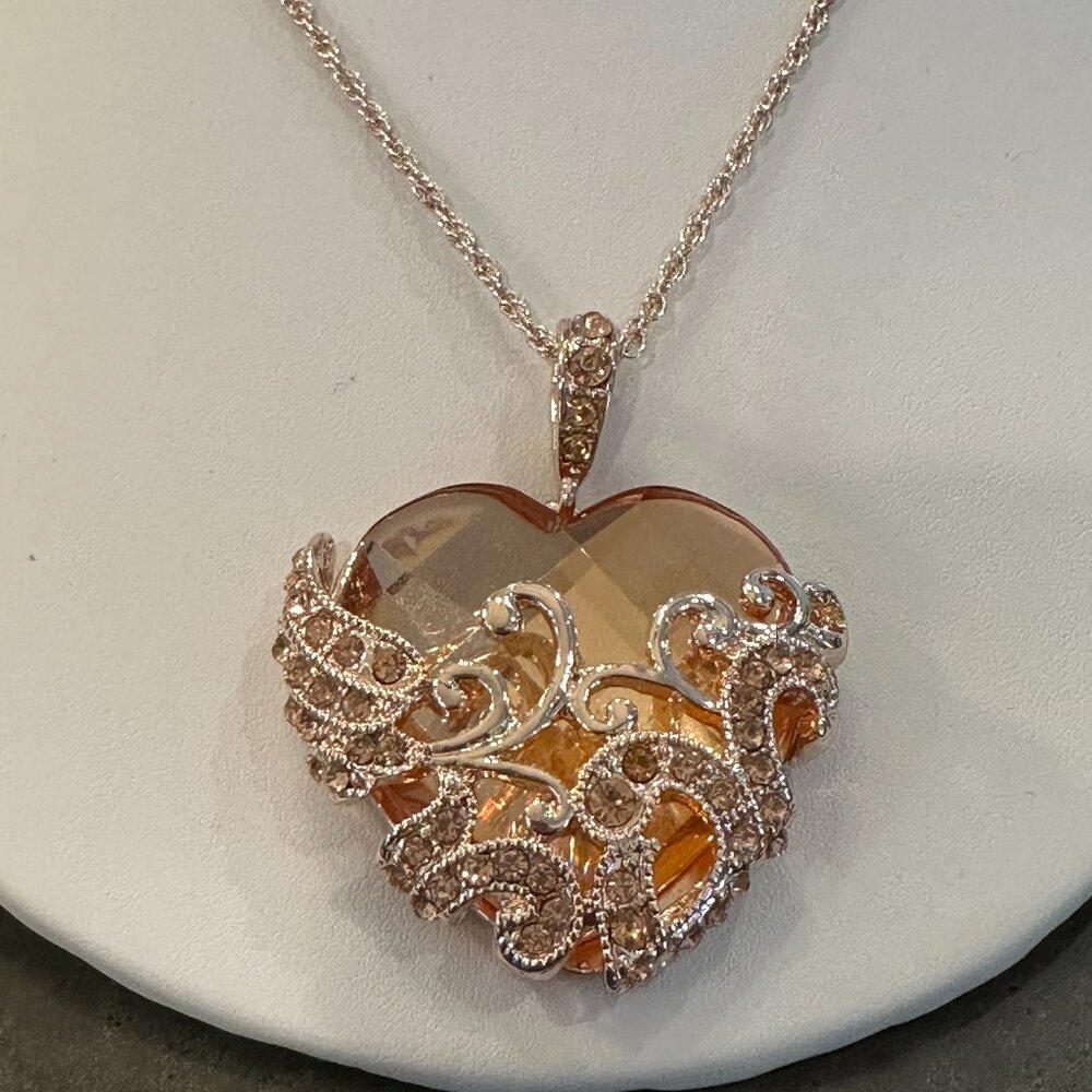 Avenue Rose Gold Heart Shaped Pendant Necklace With Rhinestones 31"- 34" Chain